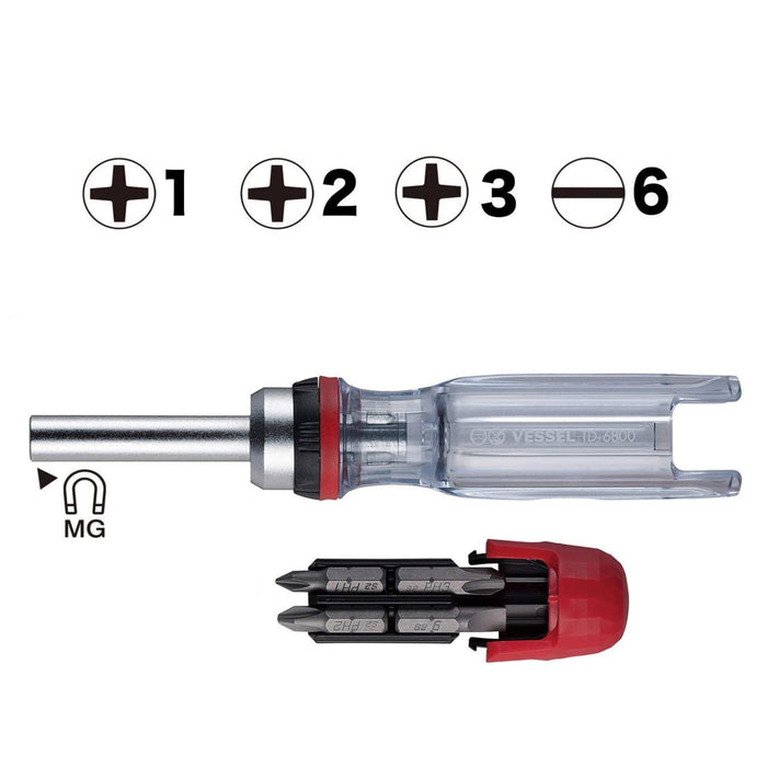 Vessel Tools TD6804MG CRYSTALINE Ratchet Screwdriver with Insert Bits, 4 Pc.