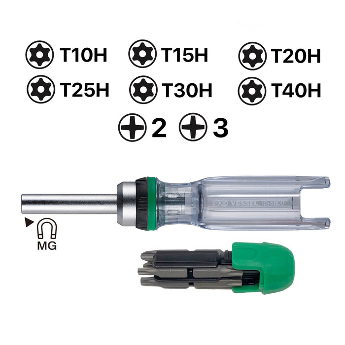 Vessel Tools TD6808TX CRYSTALINE Ratchet Screwdriver with Insert Bits, 8 Pc.