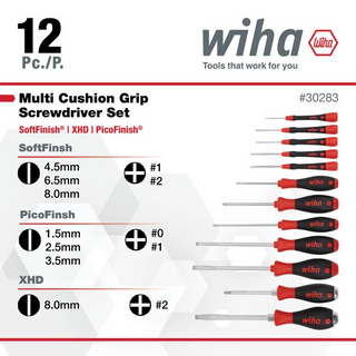 Wiha Tools 30283 Screwdriver Set - PicoFinish Precision, SoftFinish Standard and XHeavy Duty, 12 Pc.