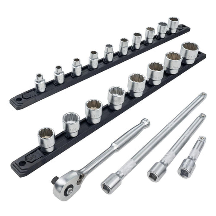 Wiha 33791 3/8" Inch Drive 12 Point Socket Set, 6 mm - 24 mm with Ratchet and Extension, 22 Pc.