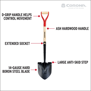 Corona SS16101 Boron Steel 14-Gauge Round Point Shovel, D Grip Hardwood Handle