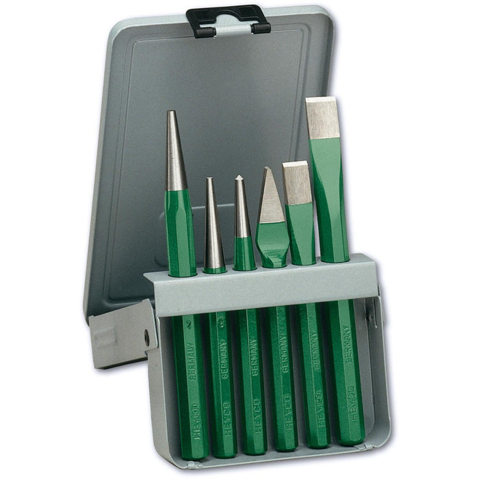 Heyco 01551000021 Chisel and Punch Set in Hinged Metal Box, 6 Pieces