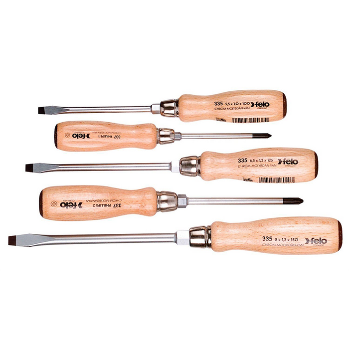 Felo 0715722155 Slotted & Phillips Wooden Handle Screwdriver Set, 5 Piece
