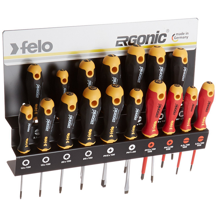 Felo 0715761391 Ergonomic Screwdriver Set With Steel Rack includes Slotted, Square, Phillips & TORX® Sizes, 17 Piece