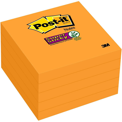 Post-it Super Sticky Notes 654-5SSNO, 3 in x 3 in (76 mm x 76 mm), Neon Orange