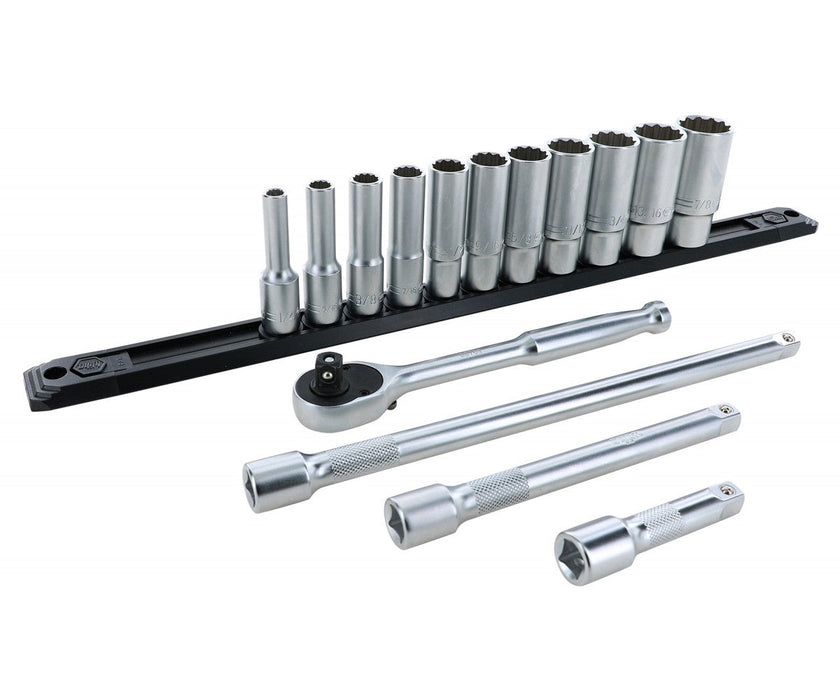 Wiha 33792 3/8" Inch Drive 12 Point Deep Socket Set, 1/4" to 7/8" with Ratchet and Extensions, 15 Pc.