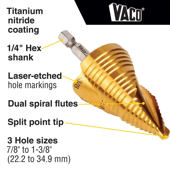 Klein Tools 25960 Step Drill Bit, Spiral Double-Fluted, 7/8-Inch to 1-3/8-Inch, VACO