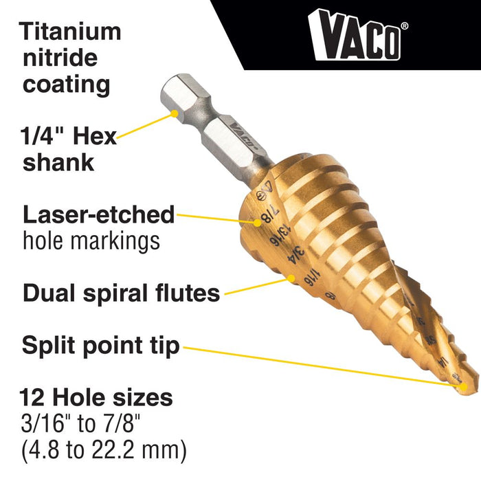 Klein Tools 25962 Step Drill Bit, Spiral Double-Fluted, 3/16-Inch to 7/8-Inch, VACO