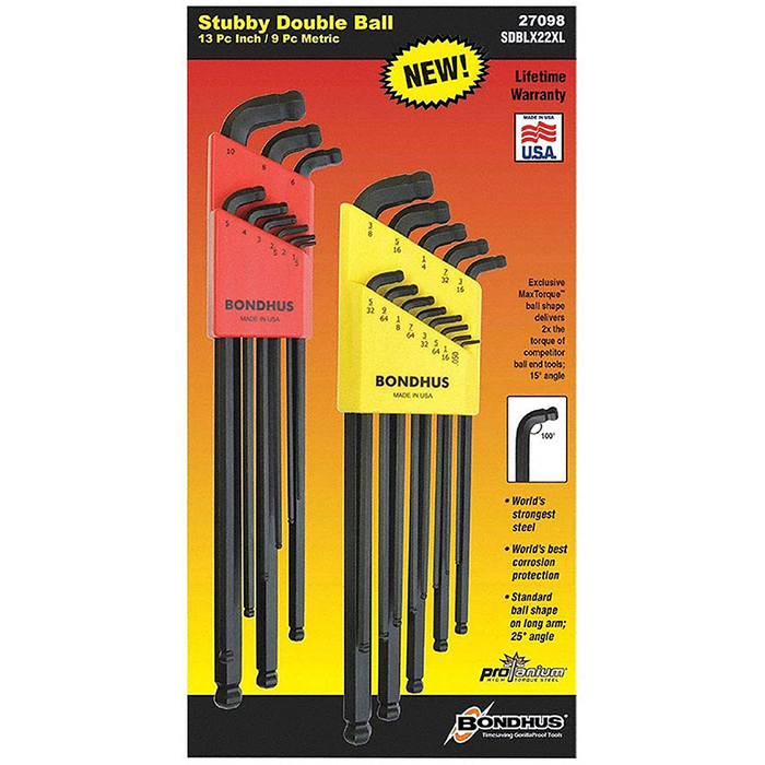 Bondhus 27098 Stubby Double Ball End L-Wrenches Set IN/MM Double Pack, 22 Pc.