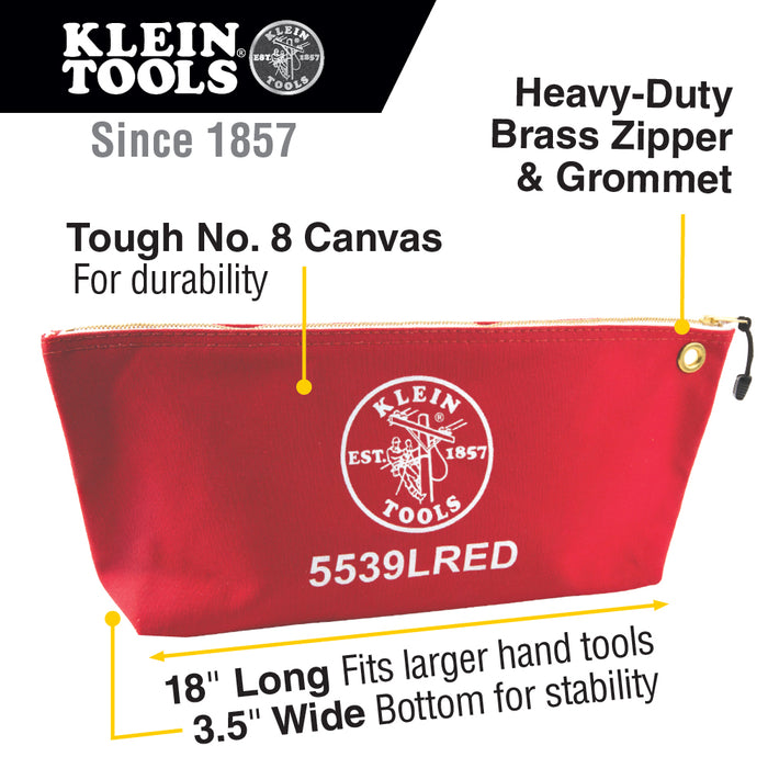 Klein Tools 5539LRED Canvas Zipper Pouch, 16-Inch Tool Bag Storage Organizer, Red