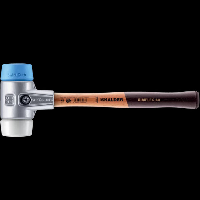 Halder 3117.060 Simplex Mallet with Soft Blue Rubber and Superplastic Inserts Lightweight Aluminum Housing and Wood Handle