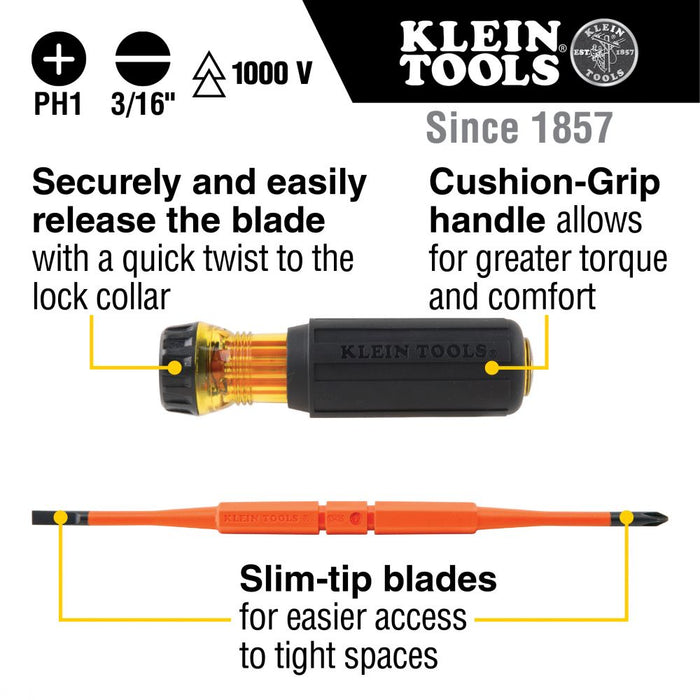 Klein Tools 32287 Flip-Blade Insulated Screwdriver, 2-in-1, Square Bit #1 and #2