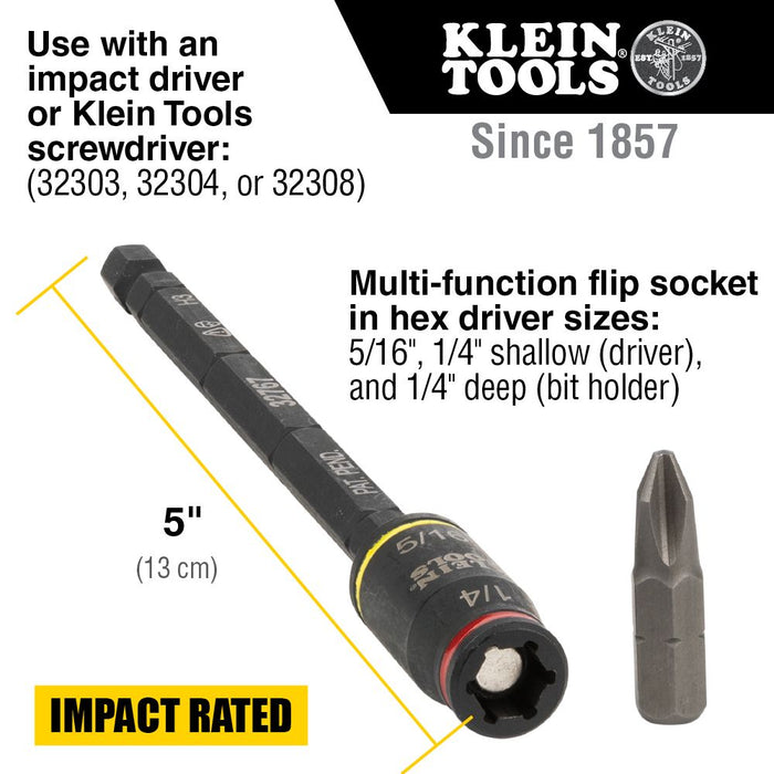 Klein Tools 32767 3-in-1 Impact Flip Socket, 1/4-Inch, 5/16-Inch, 5-Inch Length