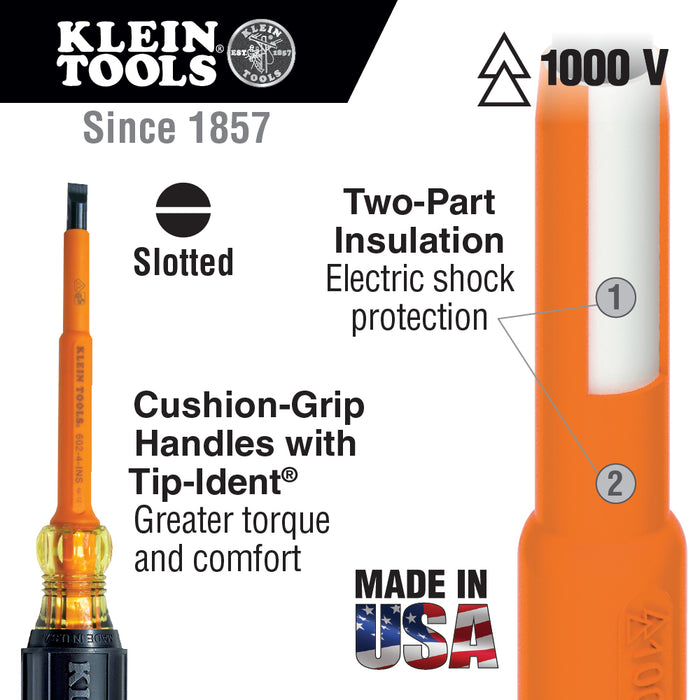Klein Tools 607-3-INS Insulated 3/32'' Cabinet Tip 3'' Shank Screwdriver