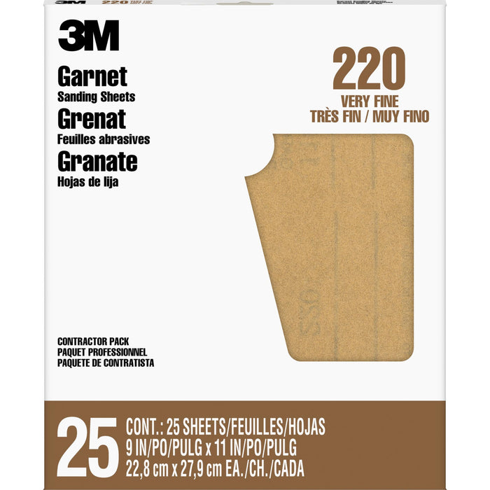 3M Garnet Sanding Sheets 99411NA, 9 in x 11 in, 220 grit, 25 sheets/pk