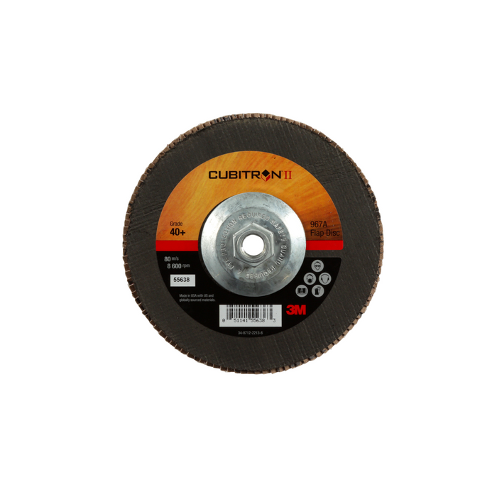3M Cubitron II Flap Disc 967A, 40+, T27 Quick Change, 7 in x 5/8"-11,
Giant