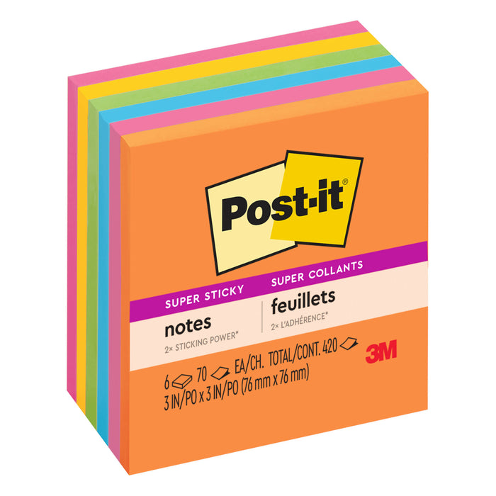 Post-it® Super Sticky Notes 654-6SSAU, 3 in x 3 in (76 mm x 76 mm), 6 pads