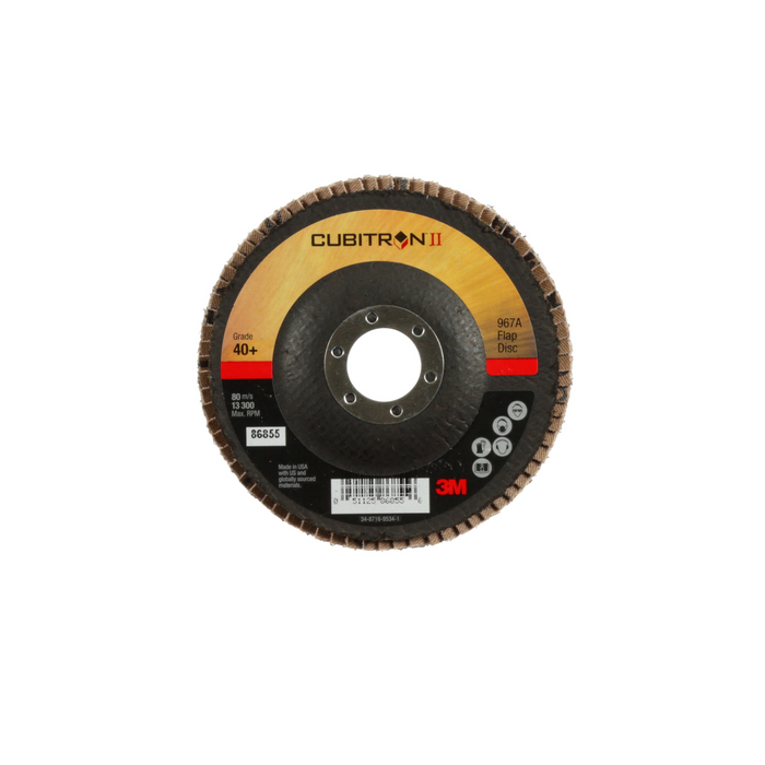 3M Cubitron II Flap Disc 967A, 40+, T27, 4-1/2 in x 7/8 in, 10
ea/Case