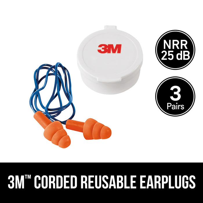 3M Corded Reusable Earplugs, 90716H3-DC, 3 pairs with case per pack