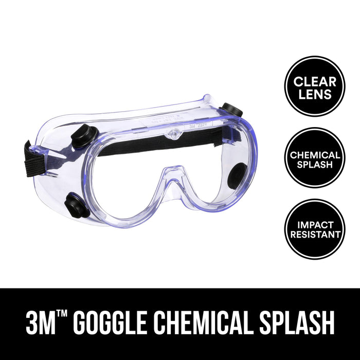 3M Goggle Chemical Splash, 91252H1-DC-14, Black Strap, Clear Lens