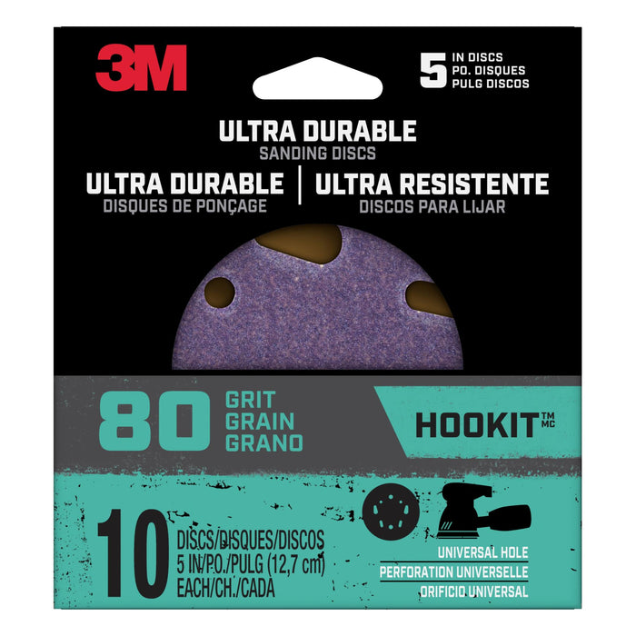 3M Ultra Durable 5 inch Power Sanding Discs, Universal Hole, 80 grit