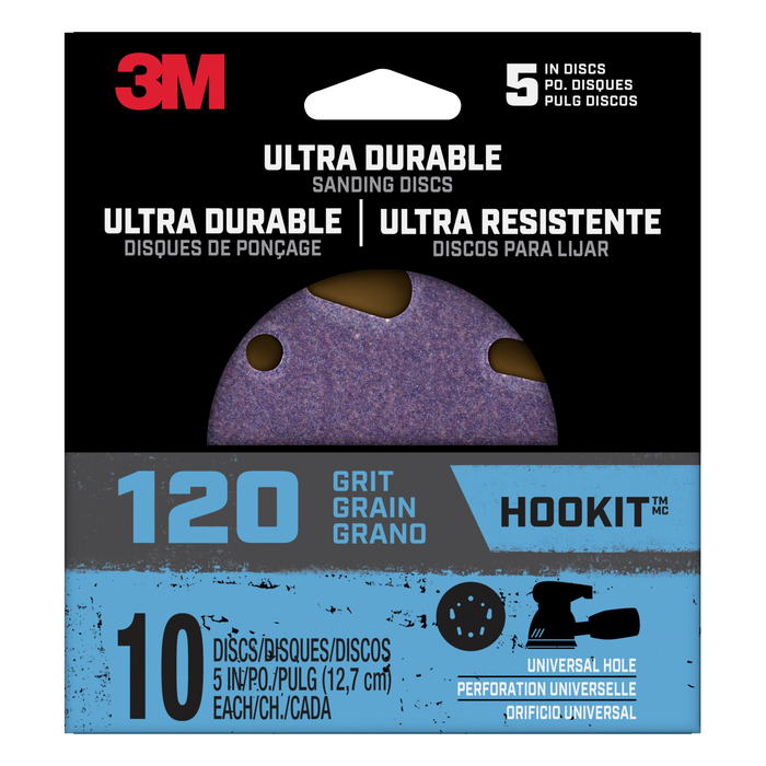 3M Ultra Durable 5 inch Power Sanding Discs, Universal Hole, 120 grit