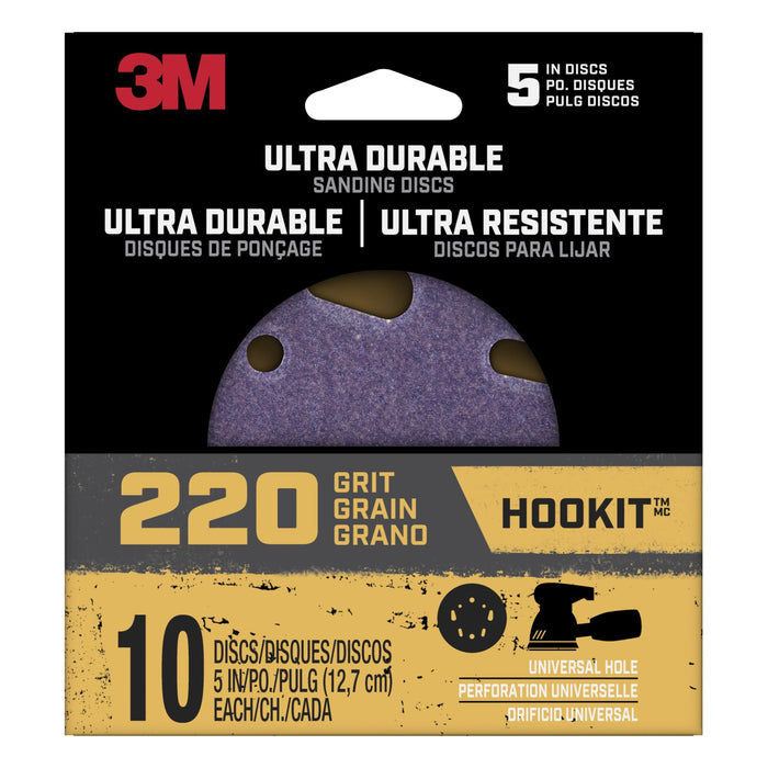 3M Ultra Durable 5 inch Power Sanding Discs, Universal Hole, 220 grit