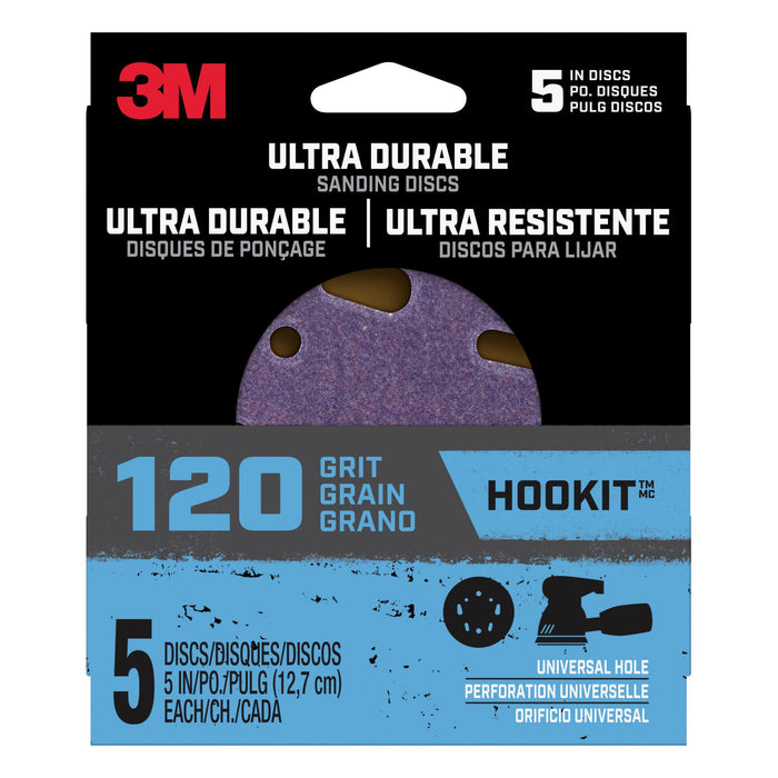 3M Ultra Durable 5 inch Power Sanding Discs, Universal Hole, 120 grit