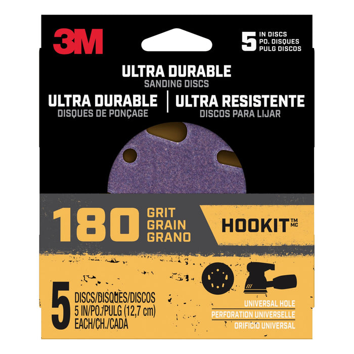 3M Ultra Durable 5 inch Power Sanding Discs, Universal Hole, 180 grit