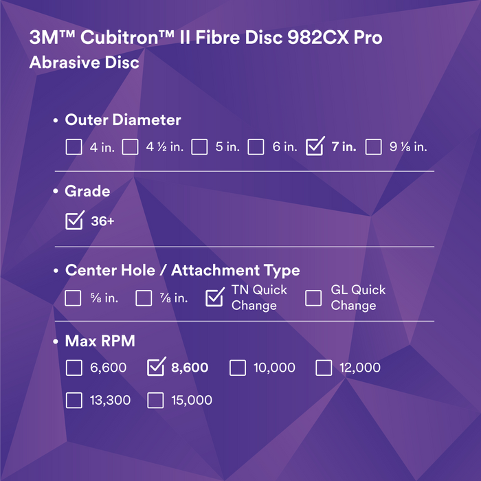 3M Cubitron II Fibre Disc 982CX Pro, 36+, TN Quick Change, 7 in, Die
TN700BB