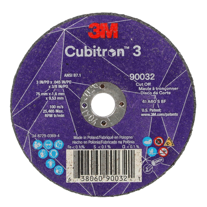 3M Cubitron 3 Cut-Off Wheel, 90032, 60+, T1, 3 in x 0.045 in x 3/8 in