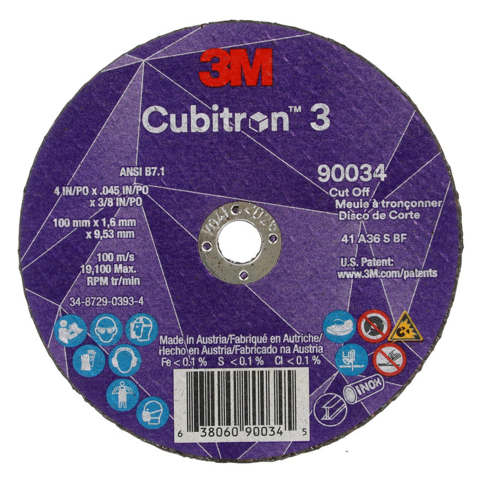 3M Cubitron 3 Cut-Off Wheel, 90034, 36+, T1, 4 in x 0.045 in x 3/8 in