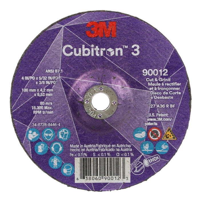 3M Cubitron 3 Cut and Grind Wheel, 90012, 36+, T27, 4 in x 5/32 in x
3/8 in