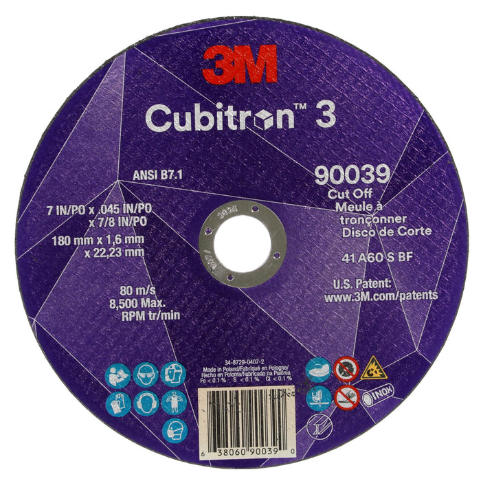 3M Cubitron 3 Cut-Off Wheel, 90039, 60+, T1, 7 in x 0.45 in x 7/8 in