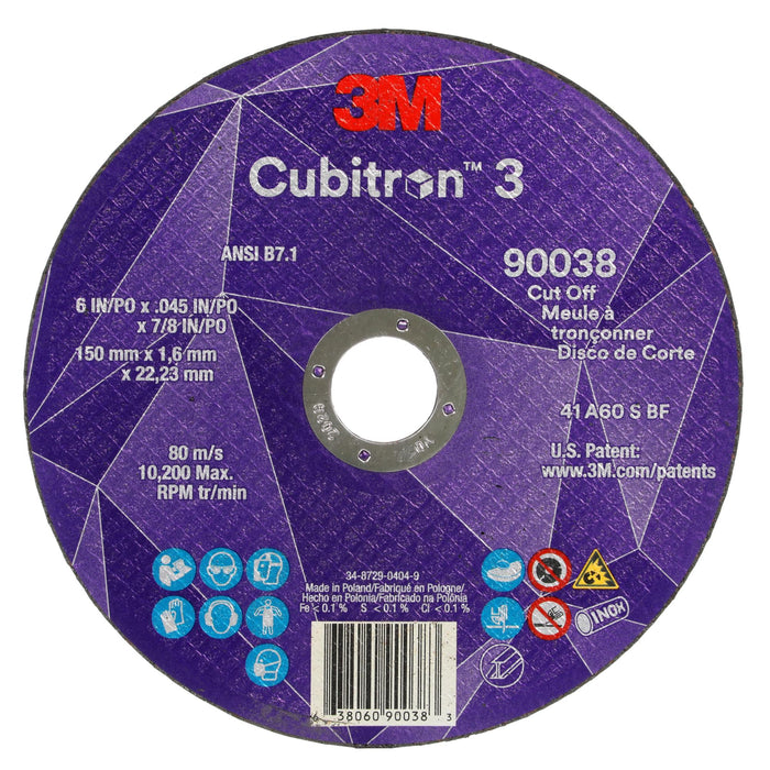 3M Cubitron 3 Cut-Off Wheel, 90038, 60+, T1, 6 in x 0.045 in x 7/8 in