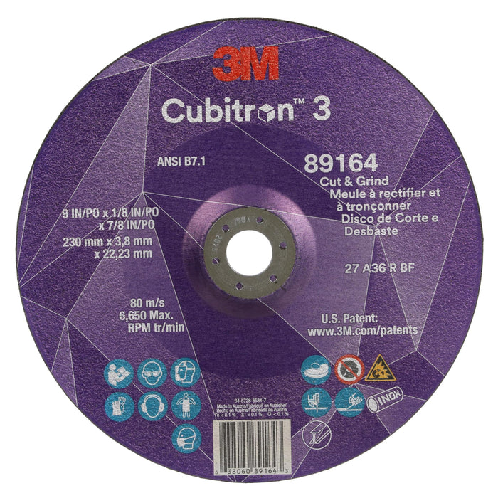 3M Cubitron 3 Cut and Grind Wheel, 89164, 36+, T27, 9 in x 1/8 in x
7/8 in
