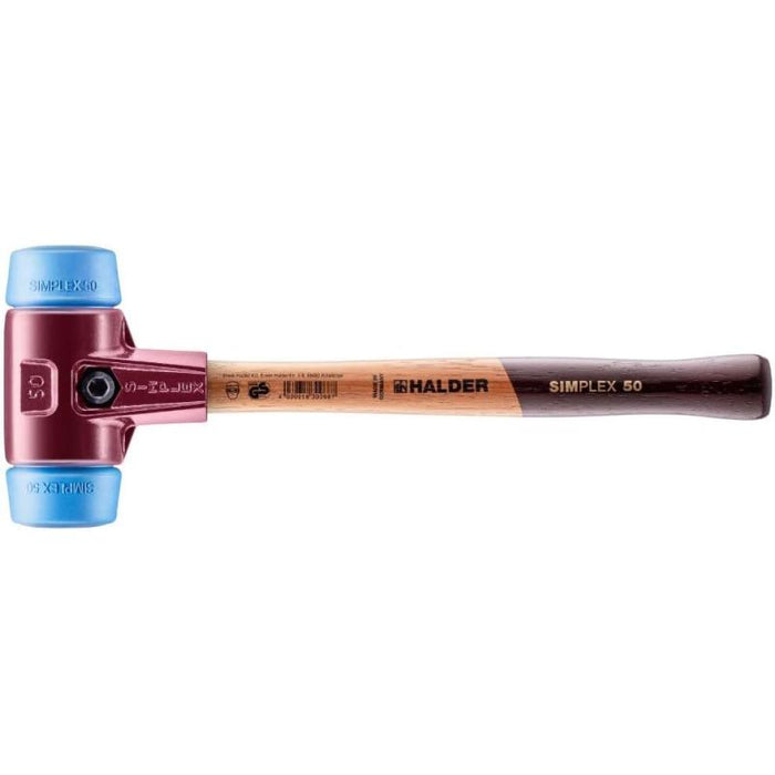 Halder 3001.050 Simplex Mallet with Soft Blue Rubber Inserts, Non-Marring / Cast Iron Housing and Wood Handle