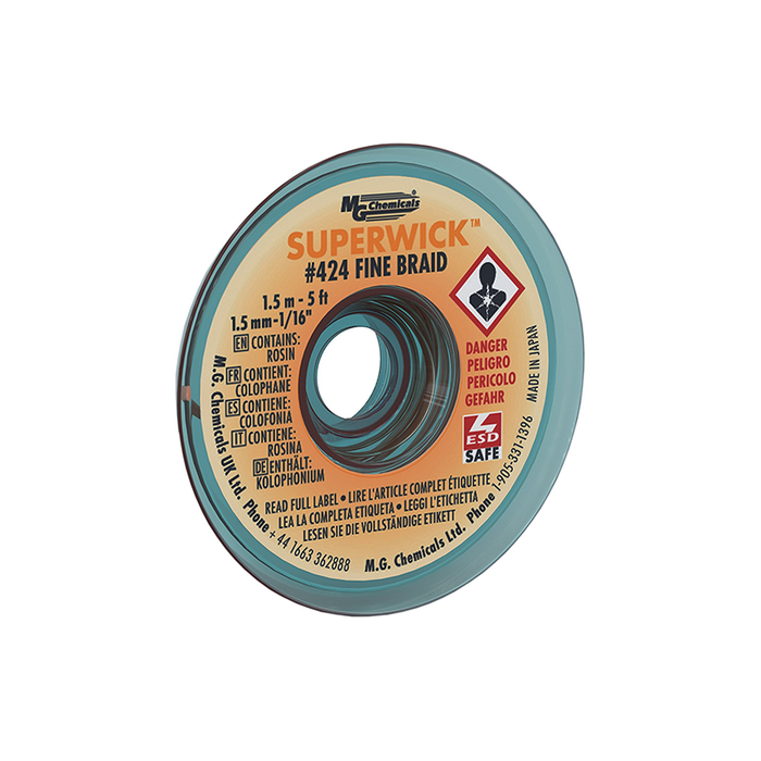 MG Chemicals 424 Fine Braid Super Wick with RMA Flux 400 Series #2 5' Length x 0.05" Width Yellow