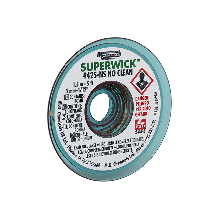 MG Chemicals 425-NS No Clean Super Wick Desoldering Braid 400-NS Series #3 0.075" Width x 5' Length, Green