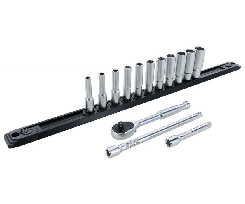 Wiha 33393 1/4 Inch Drive 6 Point Deep Socket Set 5-14mm with Ratchet and Extensions 14-Piece