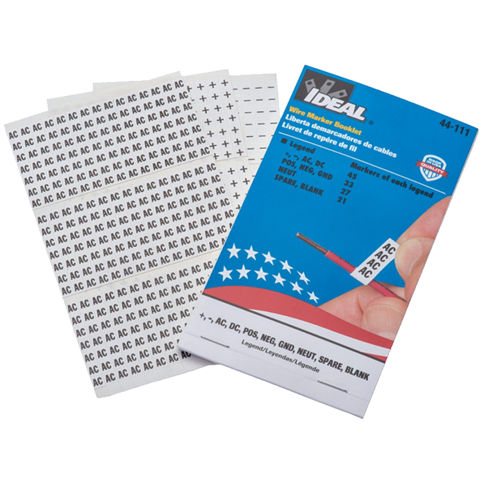 Ideal 44-111 Wire Marker Booklet, Asst +,-,AC,DC;POS,NEG,GND,NEUT,SPARE,BLANK