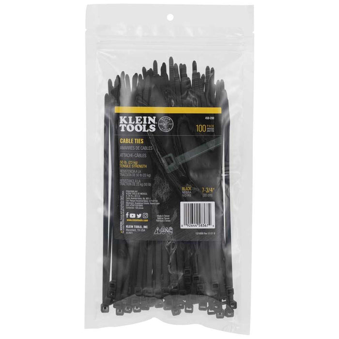 Klein Tools 450-200 Cable Ties, Zip Ties, 50-Pound Tensile Strength, 7.75-Inch, Black