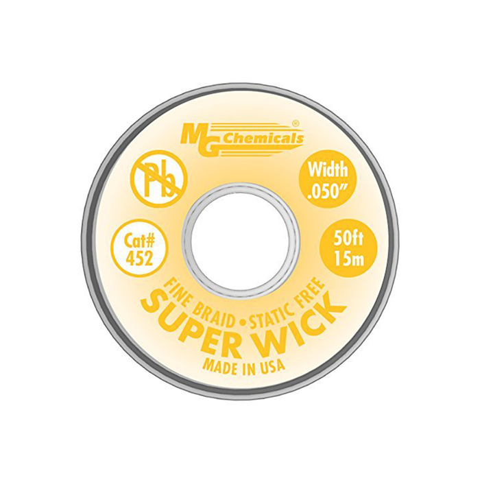 MG Chemicals 452 Fine Braid Super Wick 400 Series #2 with RMA Flux 50' Length x 0.05 Width Yellow