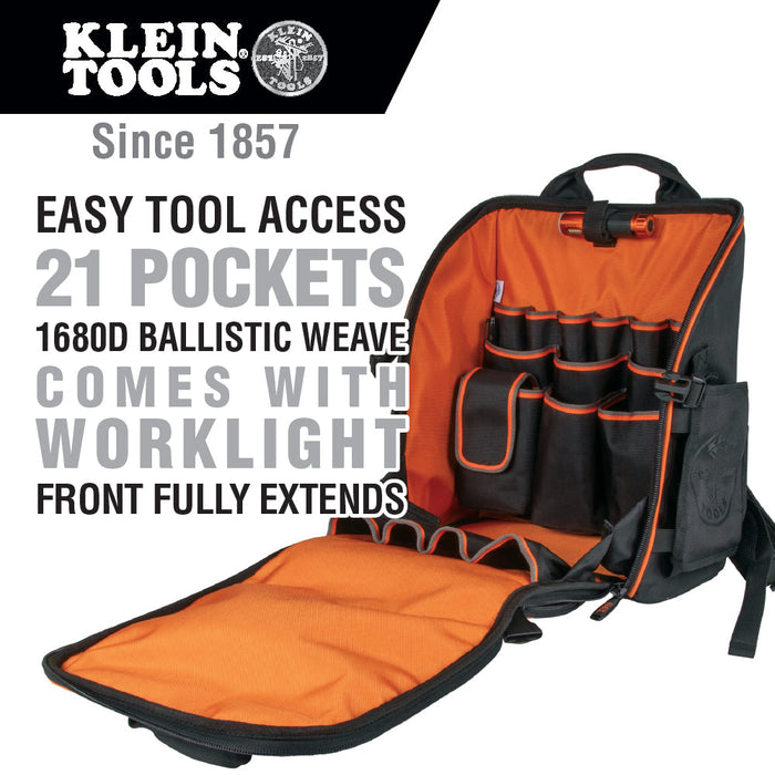 Klein Tools 55655 Backpack Tool Bag, Heavy Duty Tool Organizer, 21 Pockets and Large Interior, includes Flashlight with Work Light