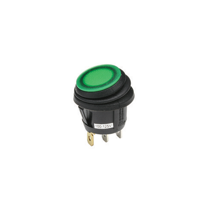 NTE Electronics 54-526W SPST 16A 125VAC Waterproof Round Illuminated Rocker Switch With 110VAC Green Neon Lamp