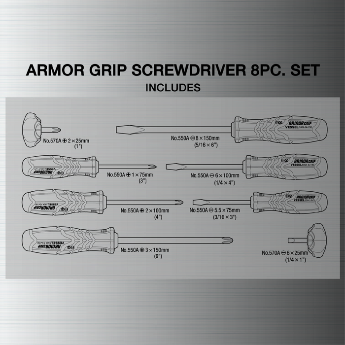 Vessel Tools 550A8PTU ARMOR GRIP Screwdriver Set, 8 Pc.
