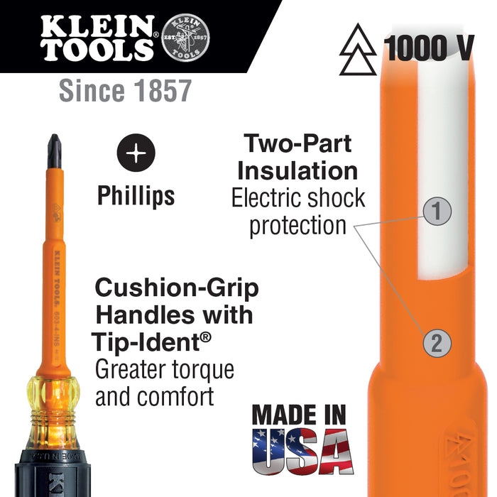 Klein Tools 603-4-INS Insulated #2 Phillips 4'' Shank Screwdriver