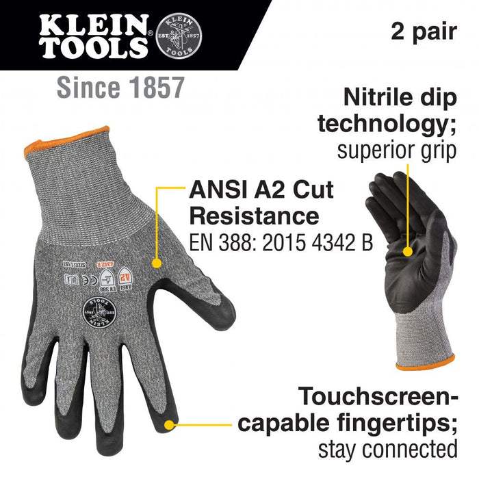 Klein Tools 60185 Work Gloves, Cut Level 2, Touchscreen, Large, 2-Pair