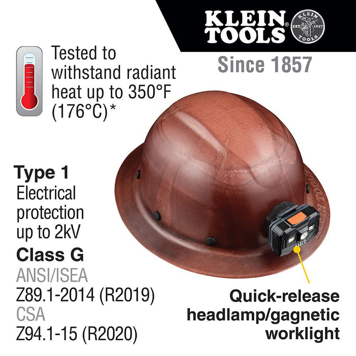 Klein Tools 60447 Hard Hat, KONSTRUCT Series, Full-Brim, Class G, Rechargeable Headlamp