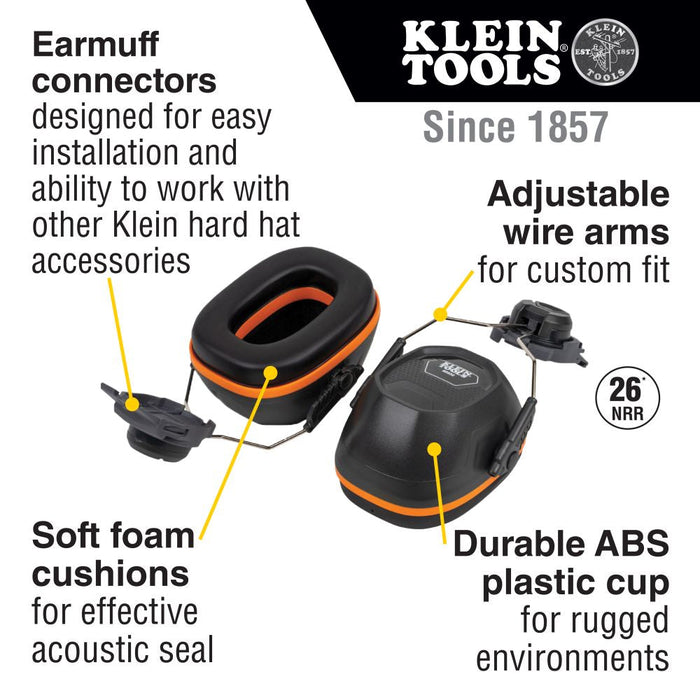 Klein Tools 60502 Hard Hat Earmuffs, Full Brim Style